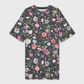 Платье-футболка 3D с принтом Разные цветы листья травы на темном фоне ,  |  | гортензия | листья | луговые цветы | много цветов | папоротник | пион | полевые цветы | разные цветы | растительный | роза | цветочный | цветы