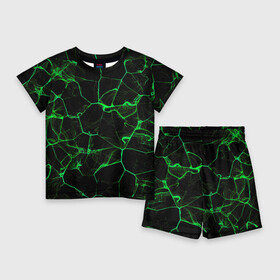 Детский костюм с шортами 3D с принтом Абстракция  Черно зеленый фон  дым ,  |  | black | green | lines | абстракт | абстракция | дым | зеленое пламя | зеленый | линии | молния | свет | текстура | узоры | фон | черный