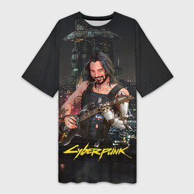 Платье-футболка 3D с принтом Johnny в гитарой Джонни  Cyberpunk2077 ,  |  | 2077 | cyberpunk | cyberpunk 2077 | jognny | night city | vi | ви | джони | джонни | кибер | киберпанк | найтсити | панк