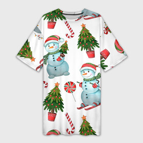Платье-футболка 3D с принтом НОВОГОДНИЕ ПЕРСОНАЖИ NEW YEAR S CHARACTERS ,  |  | весело | гирлянды | елка | забавный | зима | милый | новый год | подарки | праздник | рождественская елка | рождество | снег | снеговик | снежинка