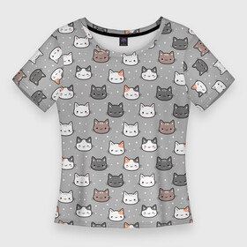 Женская футболка 3D Slim с принтом Милые мультяшные котики на сером фоне ,  |  | аниме | анимешный | анимэ | анимэшный | в стиле анимэ | детский | кот | котенок | котик | коты | котята | милый | мультяшный