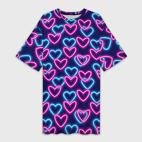 Платье-футболка 3D с принтом Неоновые сердца, паттерн ,  |  | абстракция | любовь | неон | неоновый | розовый | сердце | темный фон