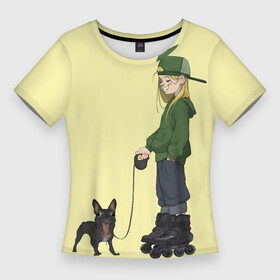 Женская футболка 3D Slim с принтом Девочка и собака улыбака ,  |  | бульдог | девушка | мопс | ролики | роллер | смайл | собака | тинейджер | улыбка