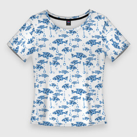 Женская футболка 3D Slim с принтом Голубые рыбки ретро принт ,  |  | blue and white | fish | nautical | морской | пляжный узор | рыбы
