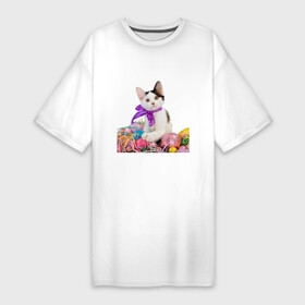 Платье-футболка хлопок с принтом КОТЕНОК С БАНТИКОМ (KITTEN WITH A BOW) ,  |  | белый | домашнее животное | забавный | кошачий | кошка | лапа | любитель кошек | милый | мяу | очаровательный