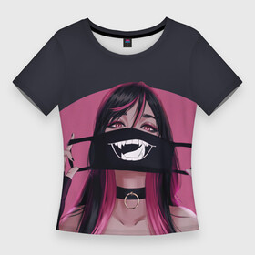 Женская футболка 3D Slim с принтом Девушка надевает маску с язычком + надпись на японском: Ничего не бывает навсегда ,  |  | Тематика изображения на принте: аниме | вайфу | девушка | каваи | маска | розовый | тян