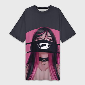 Платье-футболка 3D с принтом Девушка надевает маску с язычком + надпись на японском: Ничего не бывает навсегда ,  |  | Тематика изображения на принте: аниме | вайфу | девушка | каваи | маска | розовый | тян