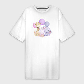 Платье-футболка хлопок с принтом Милый Жирафик, Слонёнок и Крольчонок На Празднике ,  |  | animals | beast | cute | hare | rabbit | животные | заяц | звери | кролик | крольчонок | милый | оленёнок | олень | слон | слонёнок