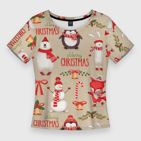 Женская футболка 3D Slim с принтом СЧАСТЛИВОГО РОЖДЕСТВА ( MERRY CHRISTMAS) ,  |  | Тематика изображения на принте: дед мороз | елка | заяц | зима | каникулы | лиса | медведь | олени | пингвин | праздник | праздничный | снег | цитата
