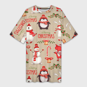 Платье-футболка 3D с принтом СЧАСТЛИВОГО РОЖДЕСТВА ( MERRY CHRISTMAS) ,  |  | дед мороз | елка | заяц | зима | каникулы | лиса | медведь | олени | пингвин | праздник | праздничный | снег | цитата