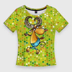 Женская футболка 3D Slim с принтом Веселый козерог ,  |  | баран | козерог | овен | овца | рога