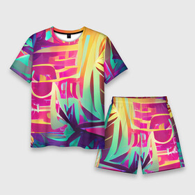 Мужской костюм с шортами 3D с принтом Хиппи вайб ,  |  | bright | colors | happy | hippie | jungle | summer | tropic | vibe | абстракция | вайб | джунгли | красочный | лето | настроение | радостный | разноцветный | счастливый | тропический | фееричный | хиппи | цвета