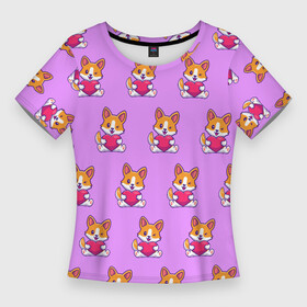 Женская футболка 3D Slim с принтом Милый корги с сердечком  паттерн ,  |  | животные | корги | любовь | милота | паттерн | розовый | сердце | собака