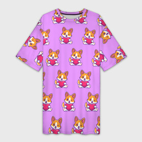Платье-футболка 3D с принтом Милый корги с сердечком  паттерн ,  |  | животные | корги | любовь | милота | паттерн | розовый | сердце | собака