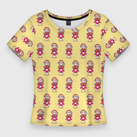 Женская футболка 3D Slim с принтом Обезьянка на грибе ,  |  | гриб | желтый | животное | красный | милота | обезьяна | улыбка