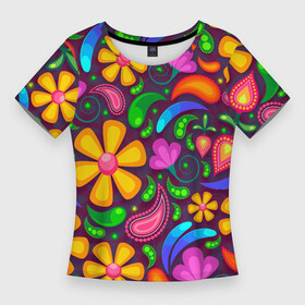 Женская футболка 3D Slim с принтом РАСПИСНЫЕ ЦВЕТЫ (PAINTED FLOWERS) ,  |  | акварель | зеленый | красивый | красочный | листья | милый | розовый | ручная роспись | синий | узор | фиолетовый | цвет