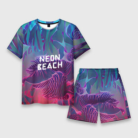Мужской костюм с шортами 3D с принтом Neon beach ,  |  | beach | blue | bright | colors | fern | gradient | jungle | leaves | multicoloured | neon | palm | purple | red | summer | tree | tropical | градиент | джунгли | красный | лето | неон | пальма | папоротник | пляж | радостный | разноцветный | син