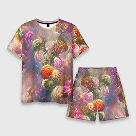 Мужской костюм с шортами 3D с принтом Цветущий сад ,  |  | bright | colors | flower | green | multicoloured | petals | pink | букет | бутоны | зеленый | краски | лепестки | разноцветный | растения | розовый | романтика | таинственный | фееричный | цветы | яркий