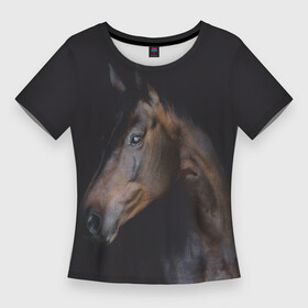 Женская футболка 3D Slim с принтом Лошадь. Благородство ,  |  | благородный | гнедой | голова лошади | животное | конь | лошадь | масть