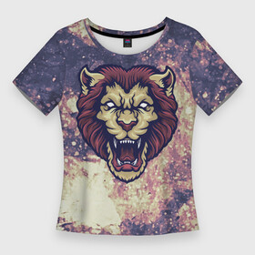 Женская футболка 3D Slim с принтом Дымчатый лев ,  |  | большая | дикий | зверь | злобный | злой | знак зодиака | космический | космос | кошка | лев | оскал | фиолетовый | хищник | хищный | царь | царь зверей