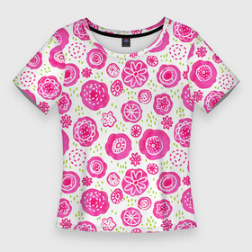 Женская футболка 3D Slim с принтом Яркие розовые цветы в дудл стиле, абстракция ,  |  | акварель | акварельные пятна | весна | дудл | зеленый | каракули | летний паттерн | лето | луг | паттерн | розовый | узор | цветы