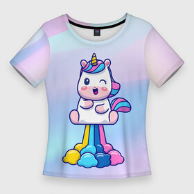 Женская футболка 3D Slim с принтом Взлетающий единорог ,  |  | unicorn | газы | единорог | инрог | лошадь | пук | радуга | существо