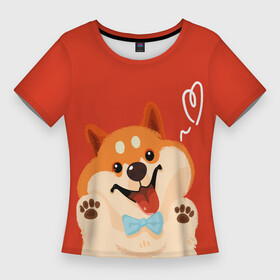 Женская футболка 3D Slim с принтом Милый корги улыбается ,  |  | corgi | вельш корги | корги | милый | собака | щенок