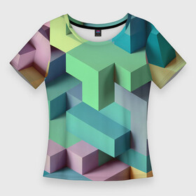 Женская футболка 3D Slim с принтом GEOMETRIC SHAPES ,  |  | вектор | геометрические фигуры | геометрический | графический | зеленый | красочный | розовый | синий | текстура | треугольники | узор | форма | формы