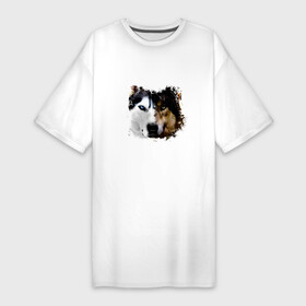 Платье-футболка хлопок с принтом Спокойно, это хаски, а не чертов волк ,  |  | husky | аляскинский маламут | волк | голова | двуликий | животное | камчатская ездовая | пес | песель | песик | самоедская собака | сибирский хаски | собака | собачка | хаски | щенок