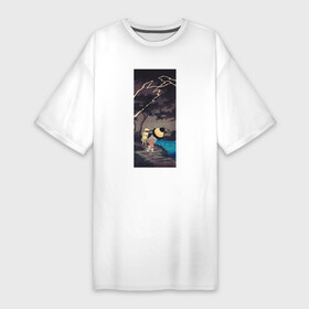 Платье-футболка хлопок с принтом Thunderstorm at Tateishi (Гроза) ,  |  | japan | винтаж | горы | гроза | деревня | природа | япония | японская культура | японская эстетика | японский стиль