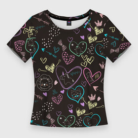 Женская футболка 3D Slim с принтом Паттерн милые животные и сердечки ,  |  | Тематика изображения на принте: дракон | единорог | корона | кот | котик | кошка | лев | львенок | паттерн | пингвин | сердце