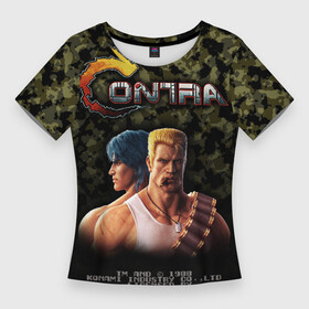 Женская футболка 3D Slim с принтом Contra gamer ,  |  | 1988 | 8 bit | 8 бит | bill rizer | contra | dendy | konami | lance bean | nes | nintendo | player | билл райзер | денди | камуфляж | контра | ланс бин | нес | нэс