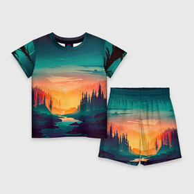 Детский костюм с шортами 3D с принтом Лес на закате (природа) ,  |  | вечер | горы | закат | лес | ночь | река | сумерки