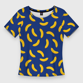 Женская футболка 3D Slim с принтом Banana style Банана стайл, веселый банановый паттерн на синем фоне ,  |  | банан | бананы | веганы | вегетаринцы | желтый | плоский стиль | синий | текстура | тропики | фруктовый | фрукты | хаотичный