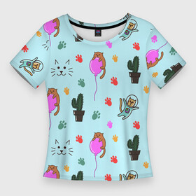 Женская футболка 3D Slim с принтом ИГРИВЫЕ КОТЯТА ,  |  | воздушный шарик | детские картинки | животное | кактус | космический скафандр | лапы
