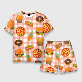Мужской костюм с шортами 3D с принтом PIZZA DONUT BURGER FRIES ICE CREAM pattern ,  |  | Тематика изображения на принте: бургер | мороженое | пицца | пончик | текстура | фон | фри