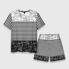 Мужской костюм с шортами 3D с принтом Черно белый комбинированный абстрактный с полосатым узором дизайн ,  |  | abstract | black and white | combined | абстрактный узор | современный | черно белый