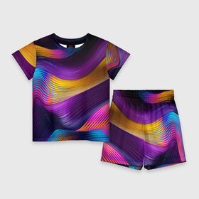 Детский костюм с шортами 3D с принтом Абстрактная волновая композиция  Неоновые полосы  Abstract Wave Composition  Neon Stripes ,  |  | abstraction | color | composition | fashion | neon | streaks | wave | абстракция | волна | композиция | мода | неон | полосы | цвет
