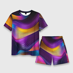 Мужской костюм с шортами 3D с принтом Абстрактная волновая композиция  Неоновые полосы  Abstract Wave Composition  Neon Stripes ,  |  | abstraction | color | composition | fashion | neon | streaks | wave | абстракция | волна | композиция | мода | неон | полосы | цвет