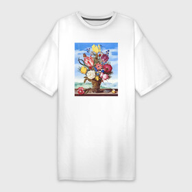 Платье-футболка хлопок с принтом Bouquet of Flowers on a Ledge (Букет цветов) ,  |  | букет | винтаж | горы | картина | классика | пейзаж | природа | ракушка | роза | цветы
