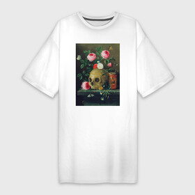 Платье-футболка хлопок с принтом Vanitas Still Life (Череп и цветы) ,  |  | букет | винтаж | живопись | картина | классика | пейзаж | природа | роза | скелет | цветочный | цветы | череп