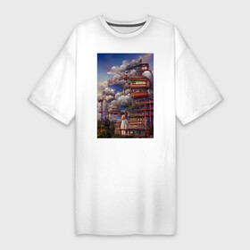 Платье-футболка хлопок с принтом Деревушка в Японии ,  |  | аниме | города | деревня | деревня в японии | домик | домики | минка | пагода | стиль | стильно | тренд | улицы | япония
