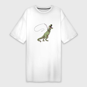 Платье-футболка хлопок с принтом ТИРАННОЗАВР РЫБАК  TYRANNOSAURUS REX FISHERMAN ,  |  | dino | dinosaur | fishing pole | saurus | trex | tyrrant | динозавр | для рыбака | прикол | рыбачит | с удочкой | ти рекс | тиранозавр | тирекс | удочка | юмор