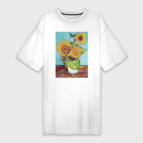 Платье-футболка хлопок с принтом Vase with Three Sunflowers (Подсолнухи) ,  |  | букет | ваза | ван гог | винтаж | живопись | картина | классика | пейзаж | подсолнух | природа | цветы