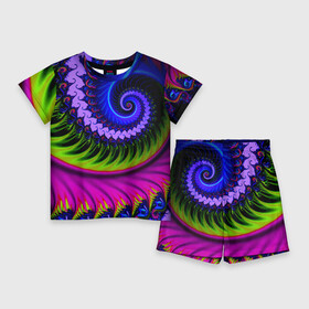 Детский костюм с шортами 3D с принтом Разноцветная неоновая спираль  Абстракция  Multicolored Neon Spiral  Abstraction ,  |  | abstraction | color | fashion | neon | spiral | абстракция | мода | неон | спираль | цвет