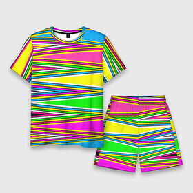 Мужской костюм с шортами 3D с принтом Полосатый радужный разноцветный геометрический узор ,  |  | Тематика изображения на принте: геометрический узор | молодежный | неоновый | полосатый | радуга