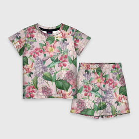 Детский костюм с шортами 3D с принтом Цветы Розовые Лилии и Сирень ,  |  | Тематика изображения на принте: flowers | букет | лилии | природа | растение | сирень | флора | цветы