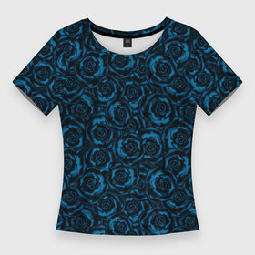 Женская футболка 3D Slim с принтом Синие розы цветочный узор ,  |  | blue | flowers | roses | розы | синие розы | синий | цветы