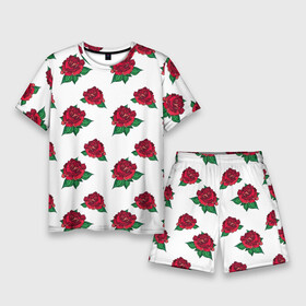 Мужской костюм с шортами 3D с принтом Цветы Красные Розы На Белом Фоне ,  |  | flowers | букет | природа | растение | роза | розы | флора | цветы