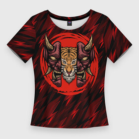 Женская футболка 3D Slim с принтом Тигр в маске самурая ,  |  | diablo | дьявол | зверь | самурай | тигр | тигрица | хищник